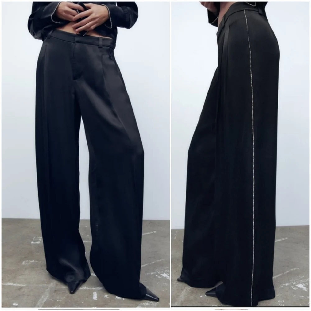 Zara Black Satin Effect Wide Rhinestone Pants Size XS